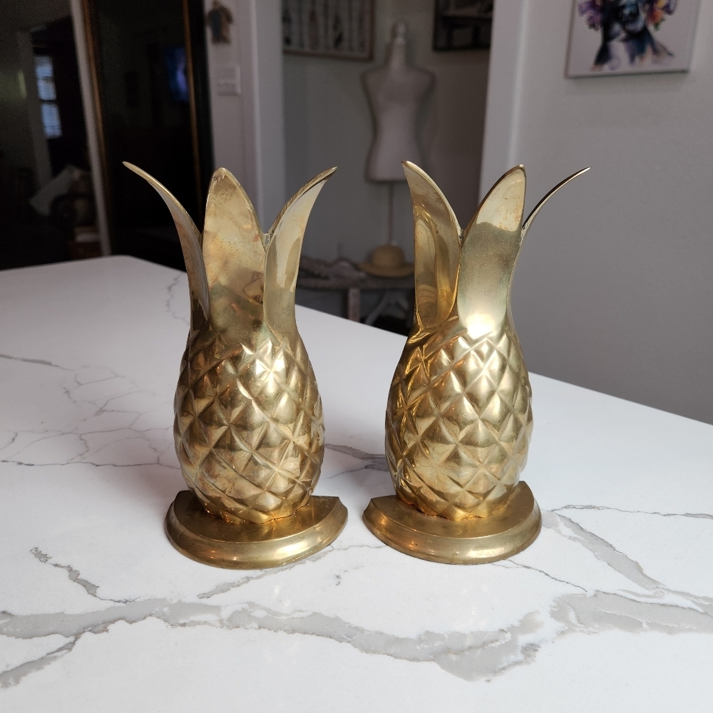 Vintage Brass Pineapple Bookends, Set Of 2, Mid Century, Fruit - Picture 2 of 6
